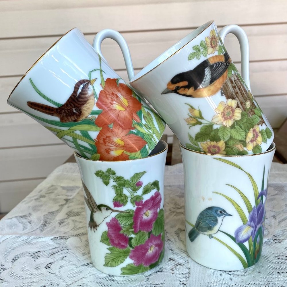 OTAGIRI Japan Floral Birds Mug - Set of 4, Gold Rim, Gibson Greeting Design